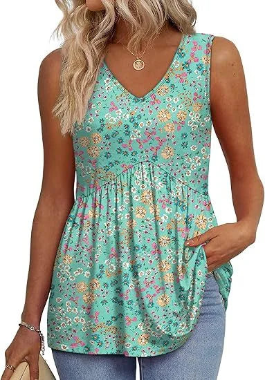 Women's patterned V-neck sleeveless peplum tank top. Versatile top for spring and summer fashion.