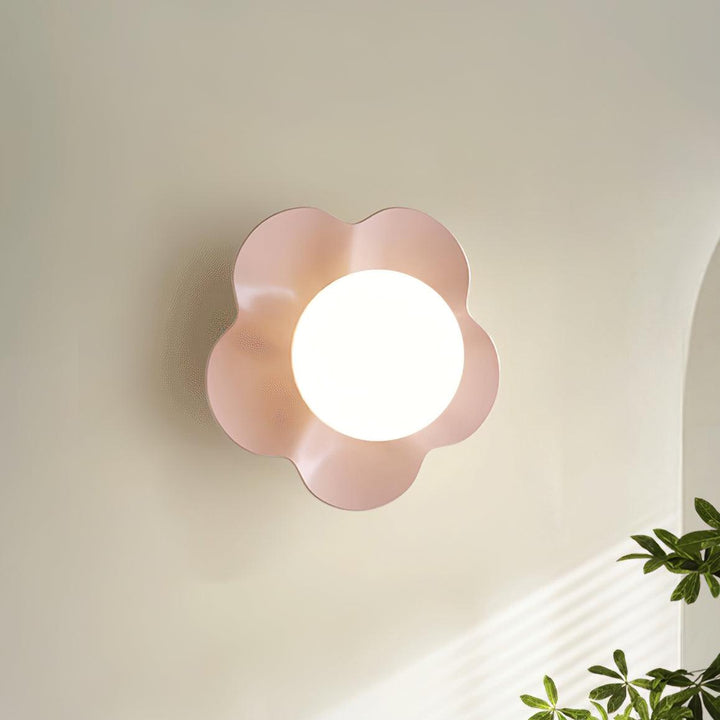 Unique floral resin ceiling lamp, glass shade, for indoor illumination.