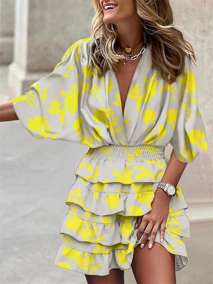 Floral ruffle mini dress with elegant V-neck and batwing sleeves