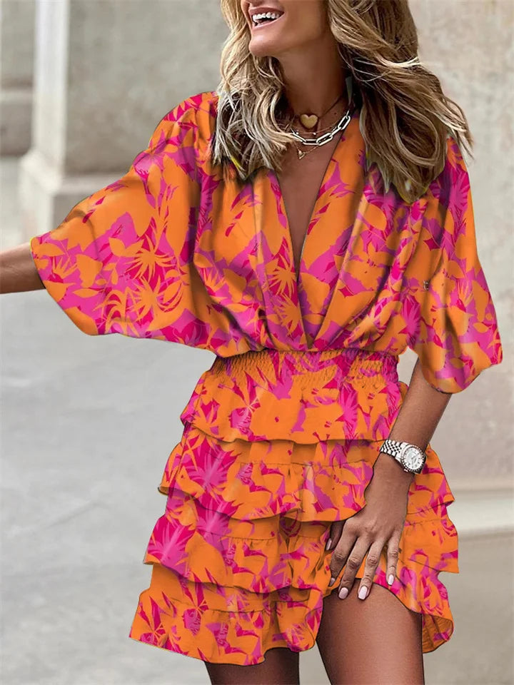 Women's casual floral mini dress with stylish batwing sleeves