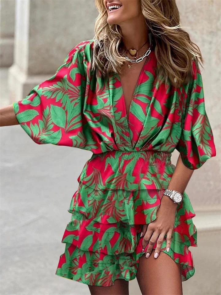 Elegant V-neck floral party dress with flattering ruffle details