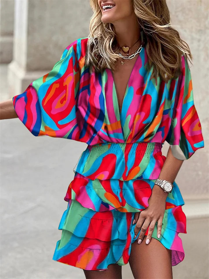 Beautiful floral ruffle dress, a versatile V-neck summer essential