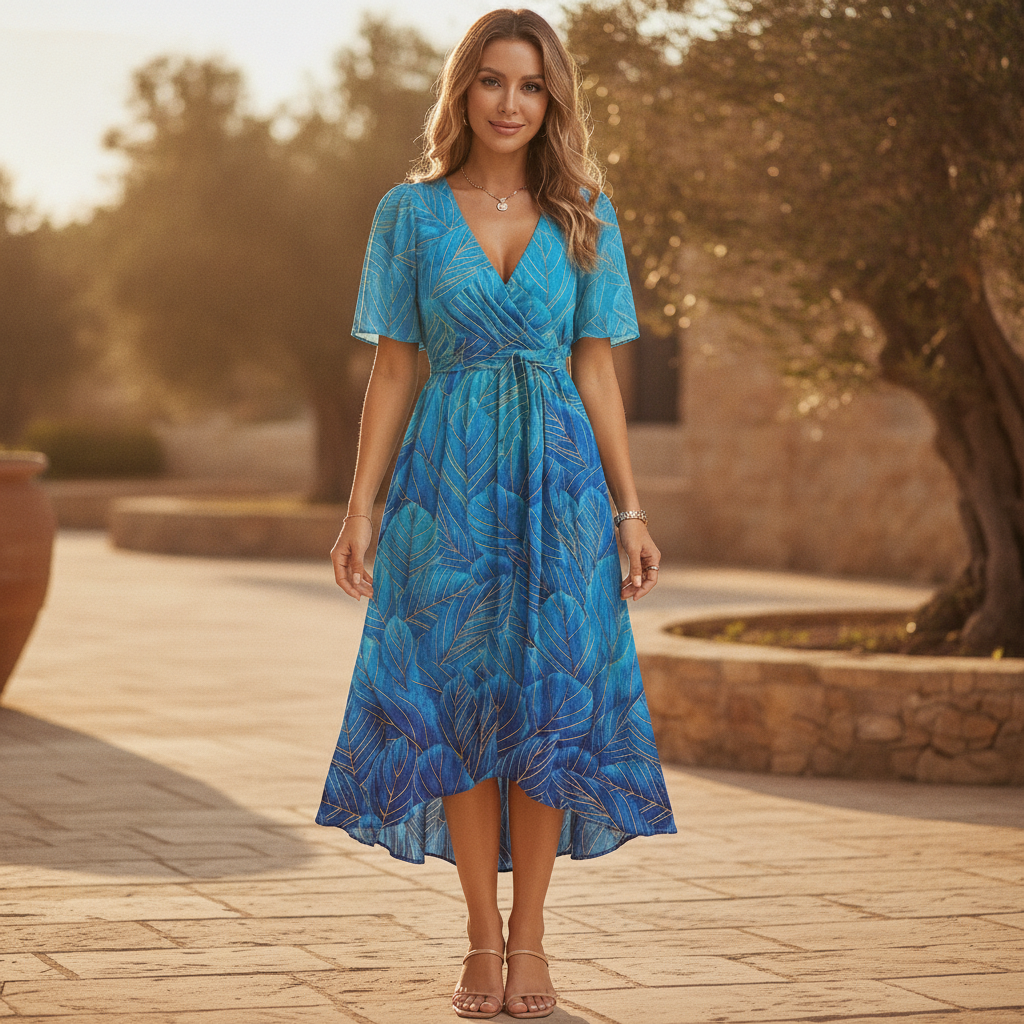 Floral wrap midi dress for women, tiered skirt, perfect for wedding guests or garden parties.