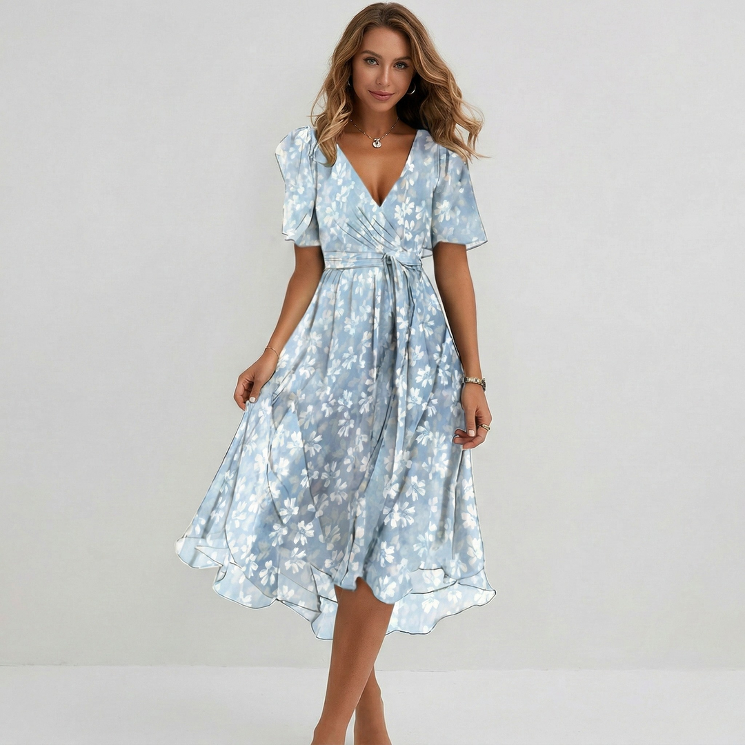Chic women's floral midi wrap dress with tiered skirt & flutter sleeves, great for occasions.