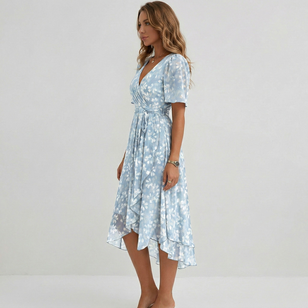 Beautiful women's floral tiered wrap midi dress, perfect as a wedding guest or party dress.