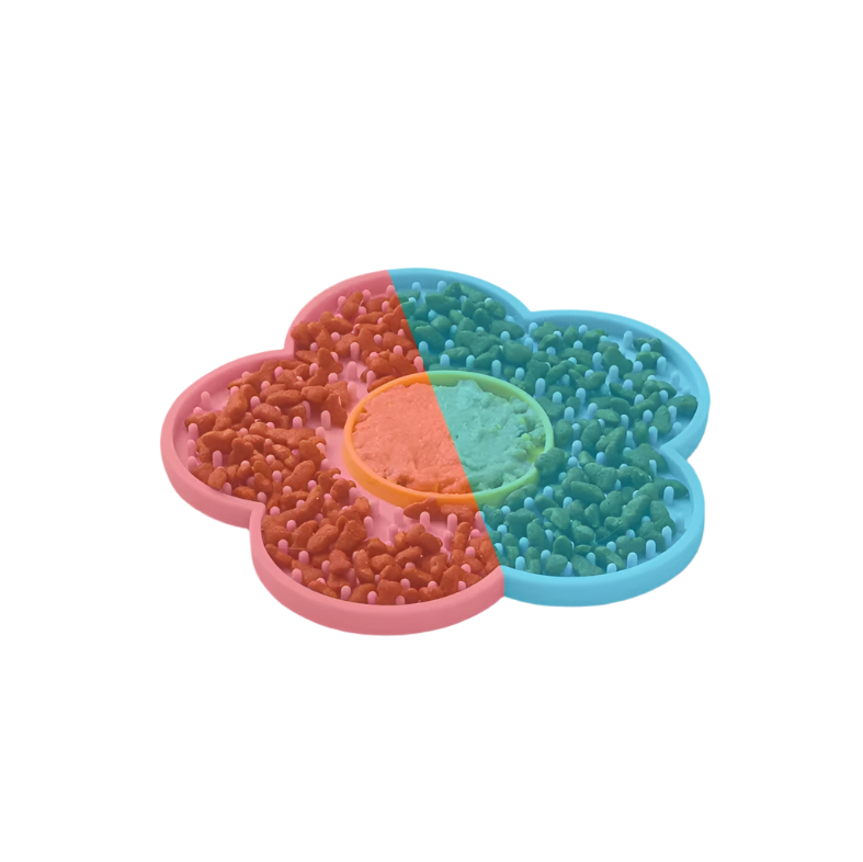 Calming flower lick mat for cats: slow feeder promotes relaxation & dental health, protects floors, easy clean.