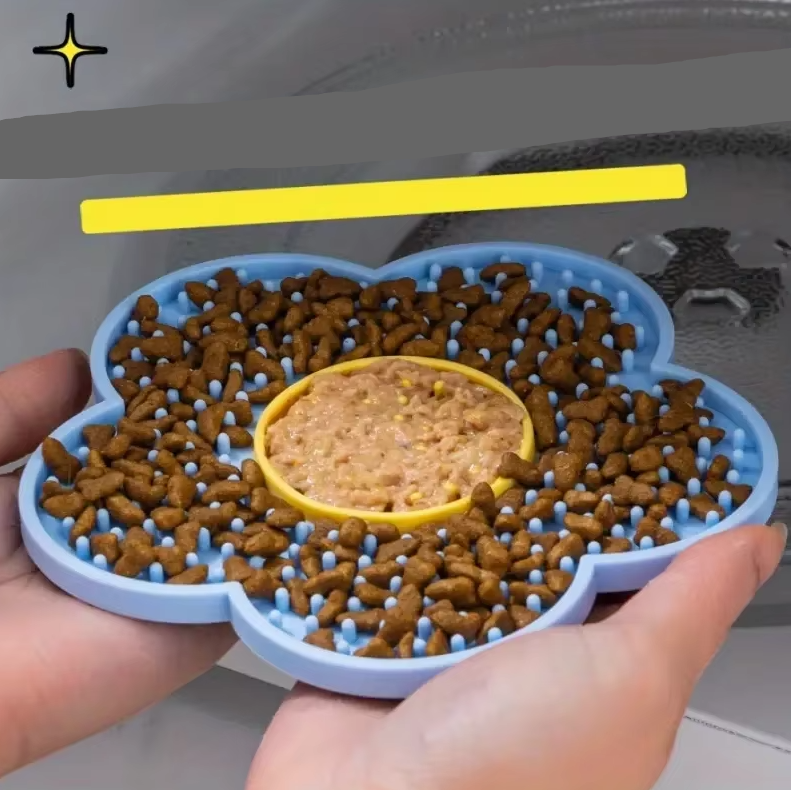 Soft silicone flower cat lick mat; slow feeder helps relieve anxiety & stress, keeps feeding area clean.