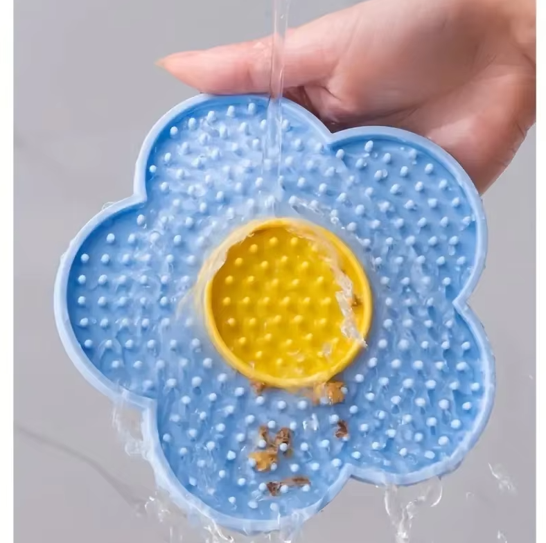 Decorative flower pet lick mat for cats. A versatile slow feeder & anxiety relief tool, easy to clean silicone.