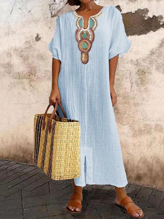 Stylish women's kaftan dress for summer, offering a flattering and effortless look for resort wear or daily style.