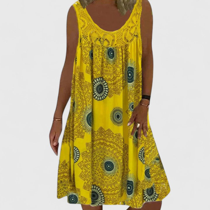 Flowy boho chic A-line women's summer dress, perfect for comfortable casual wear or a relaxing vacation.