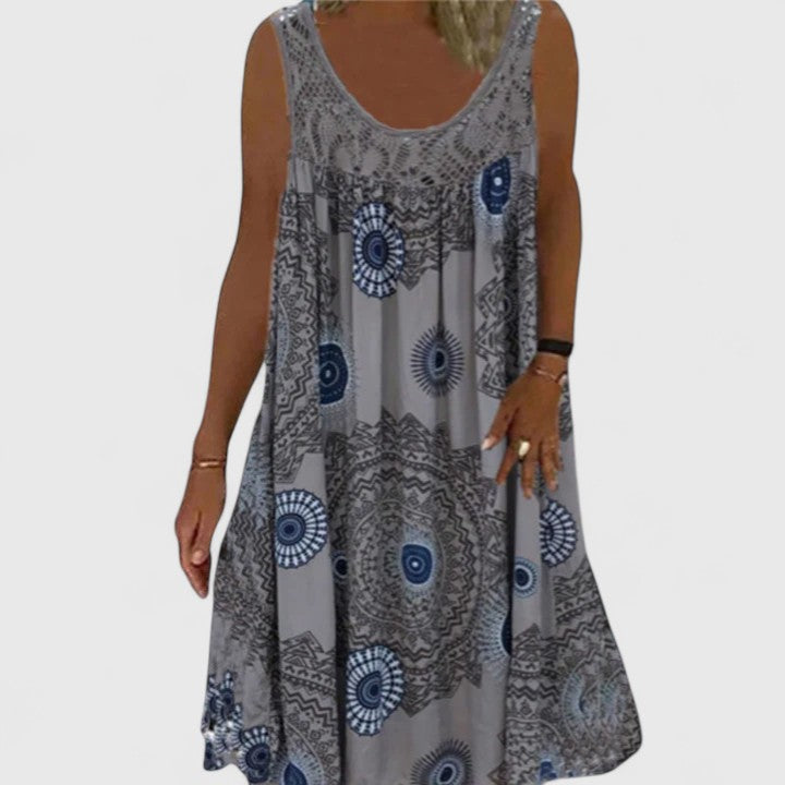 Lightweight flowy women's summer dress, boho chic A-line design with a beautiful ethnic print for casual days.