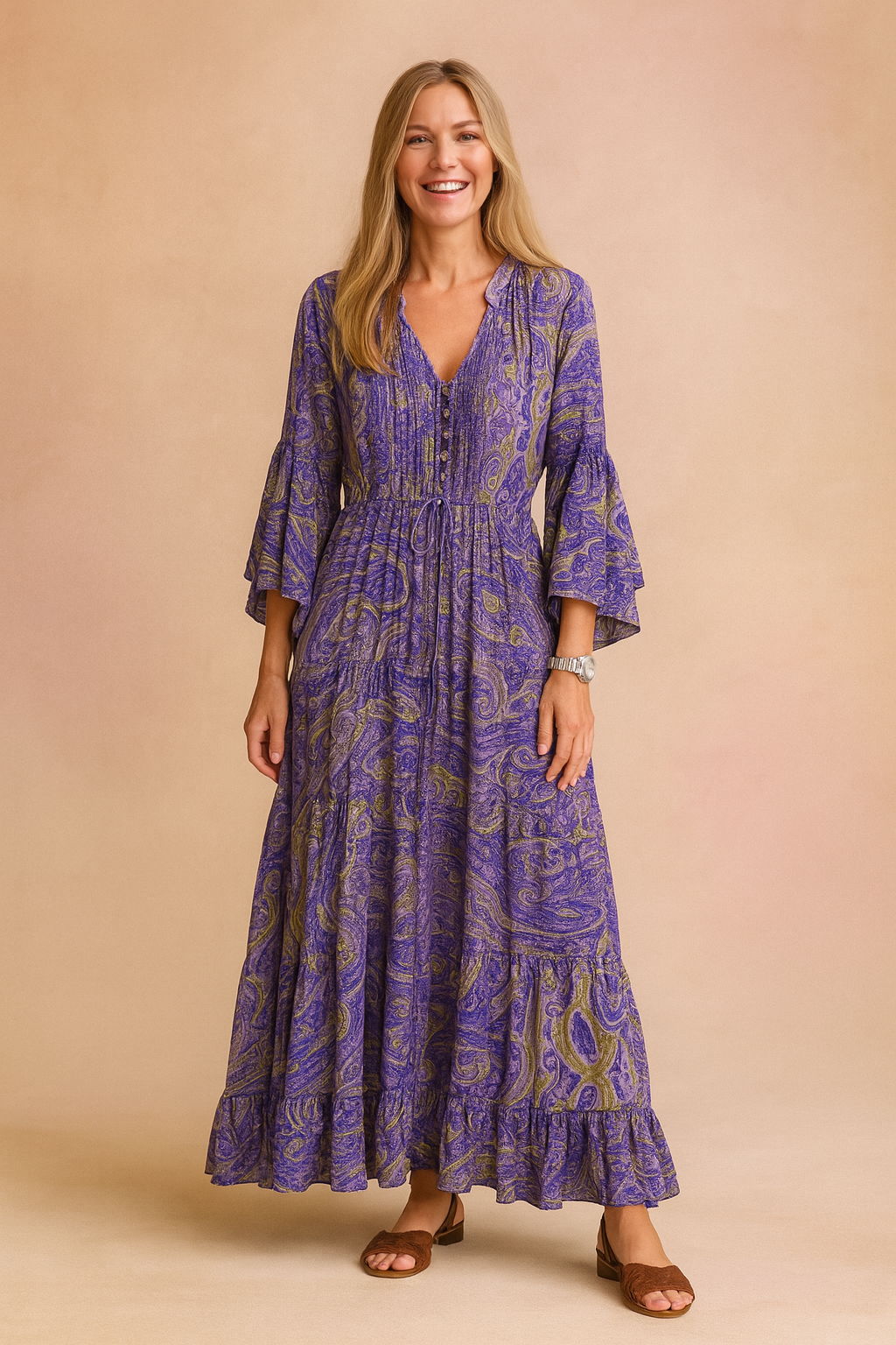 Bohemian style long sleeve maxi dress, perfect for summer casual wear.