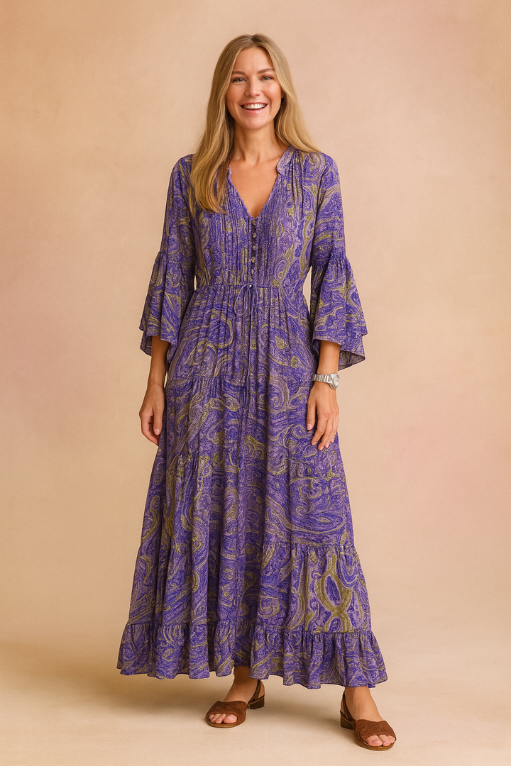 Bohemian style long sleeve maxi dress, perfect for summer casual wear.