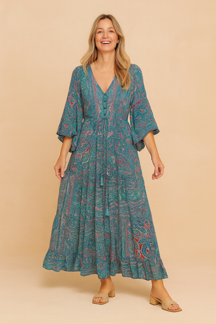 Women's flowy boho dress featuring a colorful paisley pattern and long sleeves.