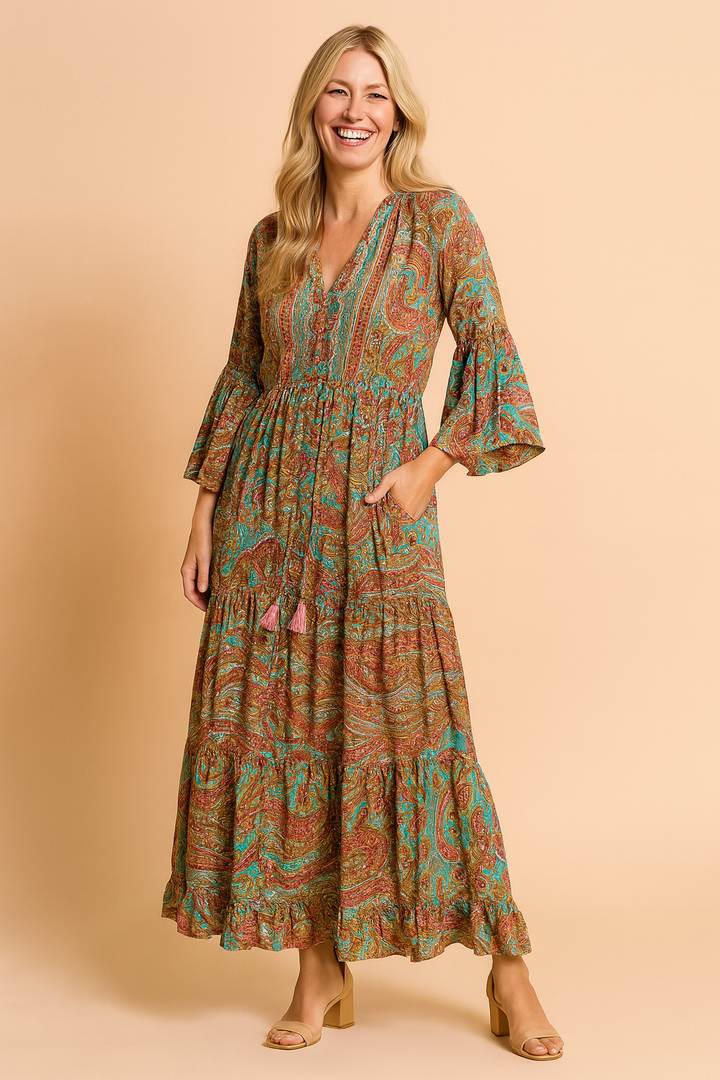 Long sleeve boho dress, a chic bohemian maxi dress for everyday wear.