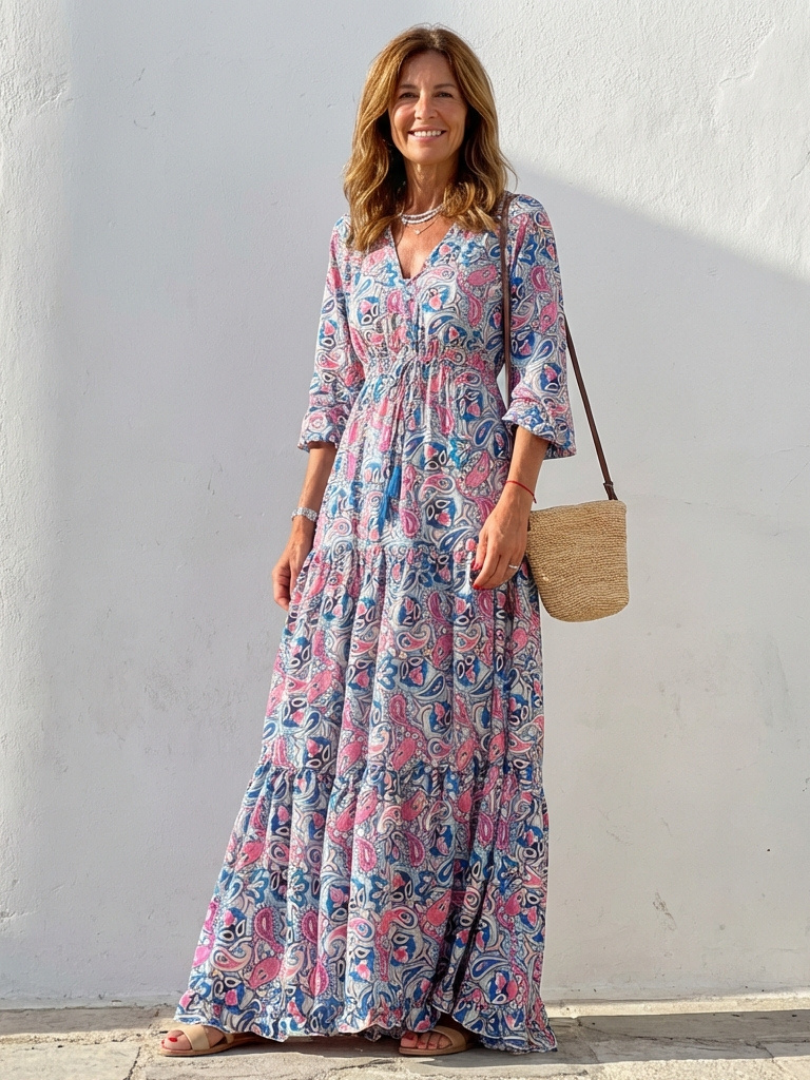 Flowy V-Neck Bohemian Long Sleeve Maxi Dress for women, elegant paisley print, perfect for spring/summer.