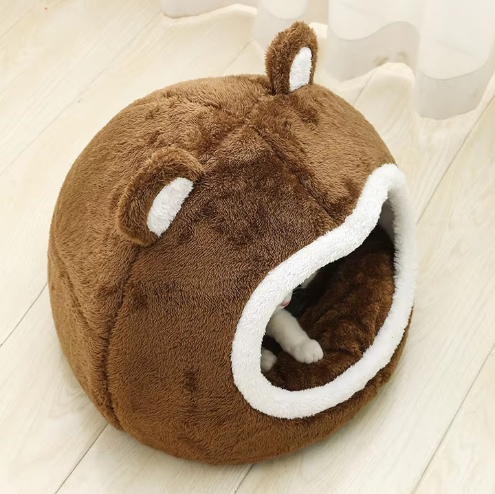 Plush cat cave bed in a charming bear design, offering a soft, warm, and cozy sleeping spot for cats.