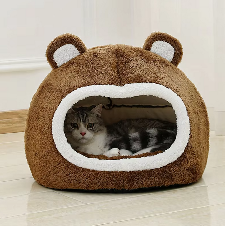 Secure cat bed with thick padding, a cute bear-shaped cat cave perfect for pets to relax and hide.
