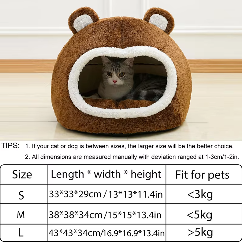 Cozy bear cat cave, a plush pet bed with a non-slip bottom and thick padding for ultimate feline comfort.