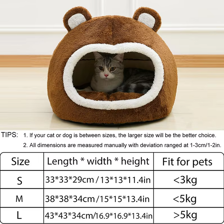 Cozy bear cat cave, a plush pet bed with a non-slip bottom and thick padding for ultimate feline comfort.