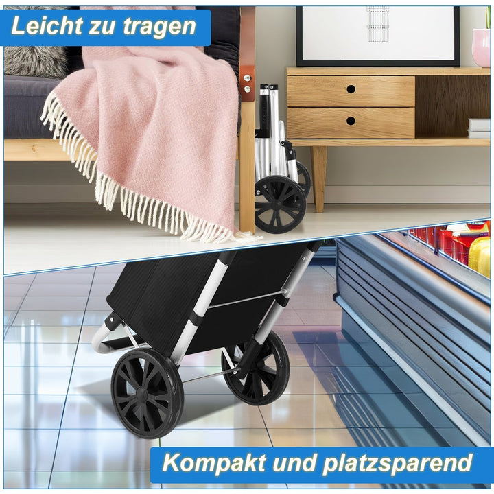 Compact foldable 40L shopping trolley; wheeled bag with smooth-rolling wheels, great for small spaces.