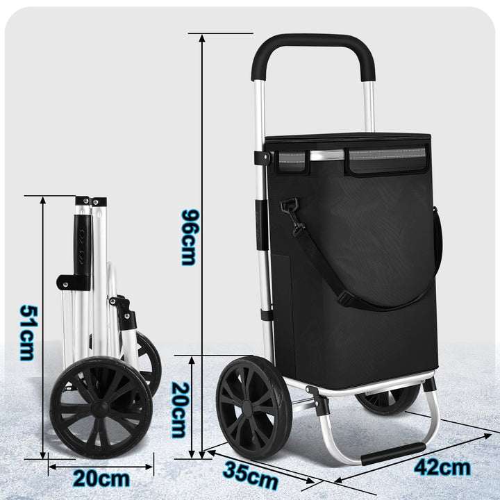 Folded 40L shopping trolley, compact for storage, showing smooth-rolling wheels and sturdy frame.