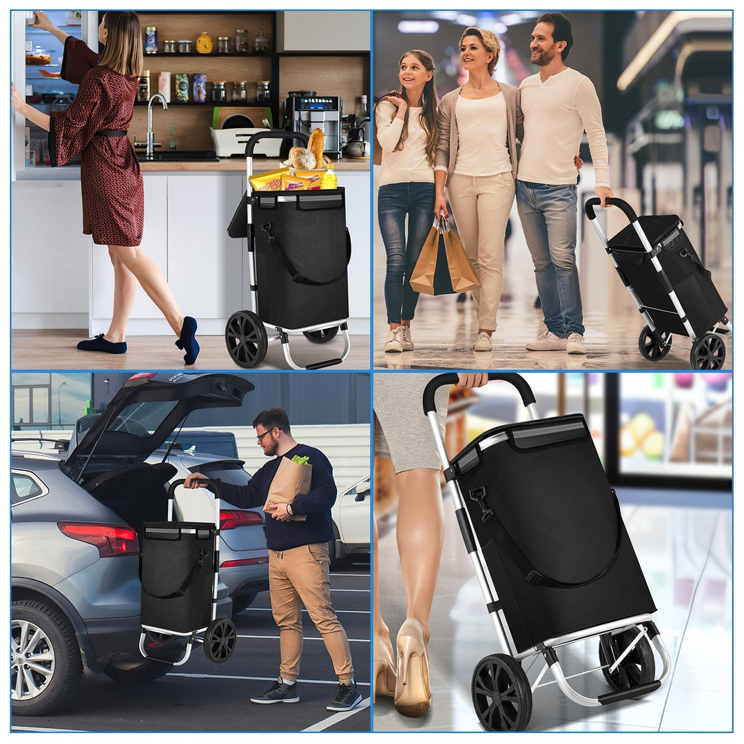 Versatile 40L foldable shopping trolley; lightweight, portable, smooth wheels, ideal for all grocery needs.