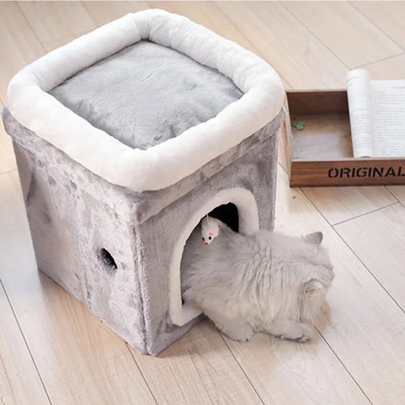 Stylish foldable cat cave bed for a private retreat. Features a comfortable lying surface & integrated cat toy.