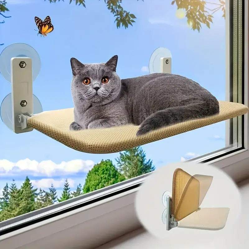 Foldable cat window hammock with strong suction cups, providing a sunny perch and comfortable viewing spot for your pet.
