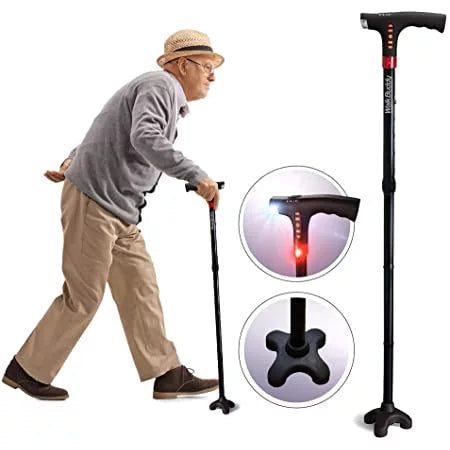 Foldable LED walking cane providing enhanced stability and safety for users.
