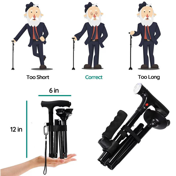 User demonstrating the stability of the adjustable walking cane on uneven ground.