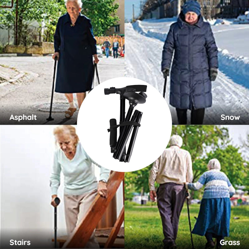 The non-slip rubber tip on the stability cane preventing accidental slips.