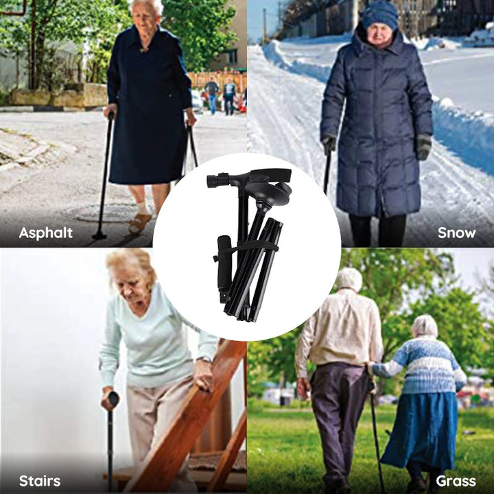 The non-slip rubber tip on the stability cane preventing accidental slips.