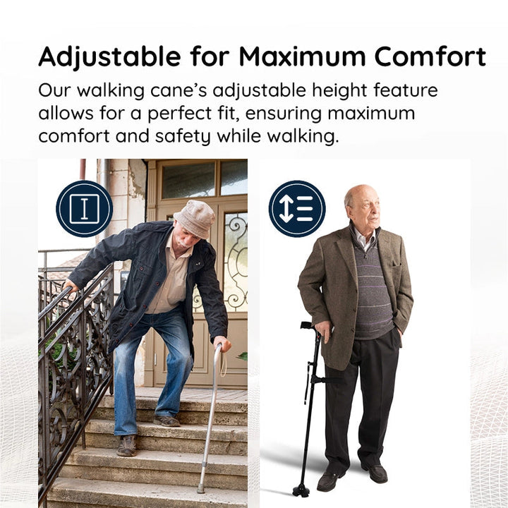 Adjustable height walking stick with bright LED light for nighttime visibility.