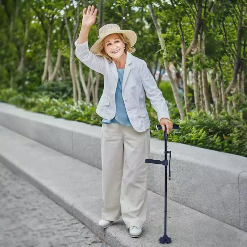 The LED light on the walking cane illuminates the path ahead clearly.