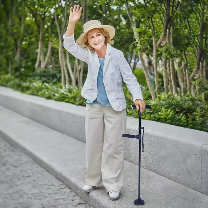 The LED light on the walking cane illuminates the path ahead clearly.