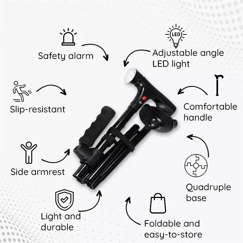 Lightweight and durable foldable walking stick, an essential mobility aid.