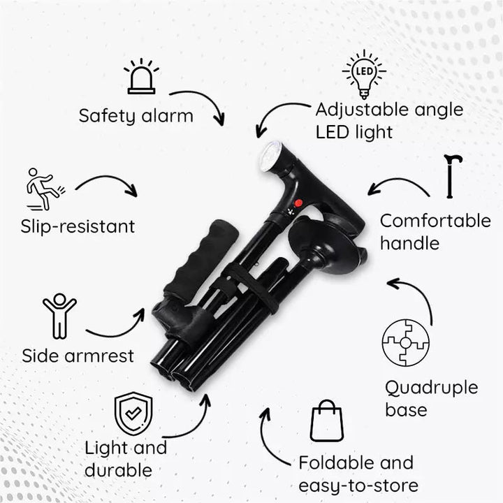 Lightweight and durable foldable walking stick, an essential mobility aid.