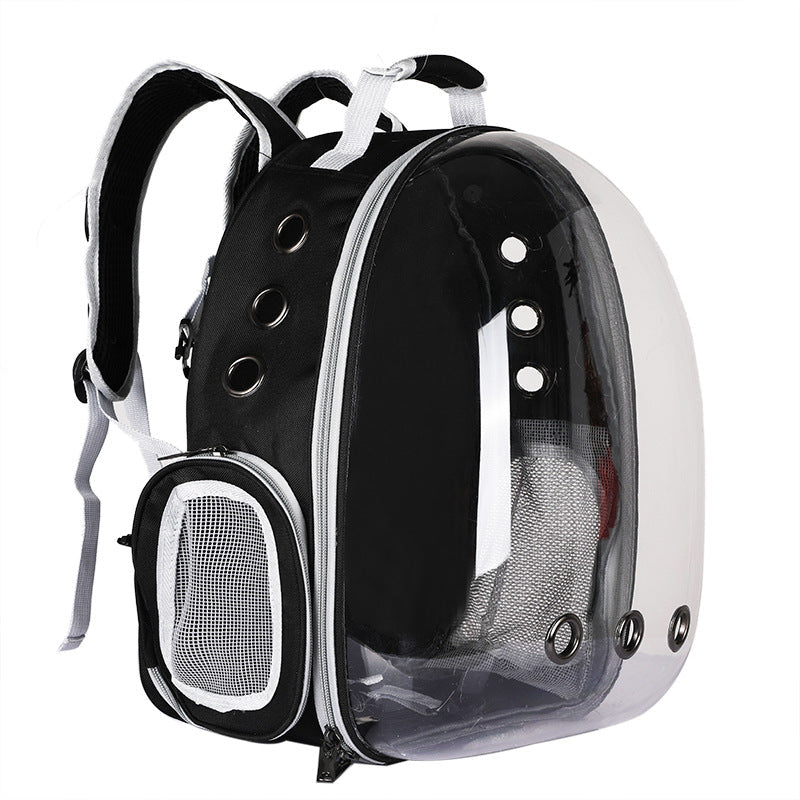 Foldable pet travel backpack for cats & small dogs with clear view dome & ventilation.