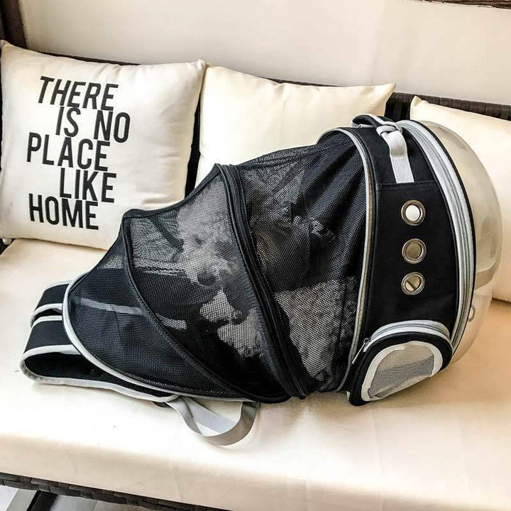 Portable dog backpack, breathable mesh and clear panel for sightseeing pets.