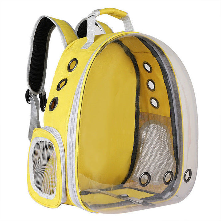 Compact pet travel backpack, clear window & air holes for small dogs & cats.