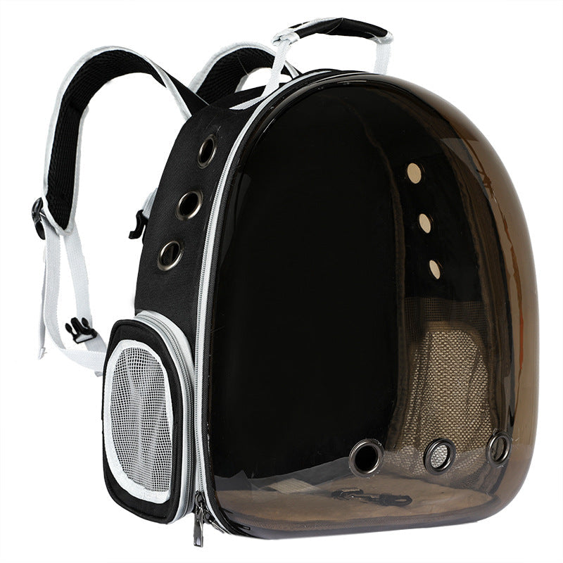 Durable dog travel backpack, collapsible, with clear panel for pet visibility.