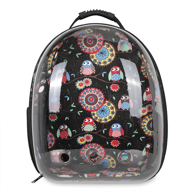 Ventilated small pet carrier backpack, secure and comfortable for various trips.