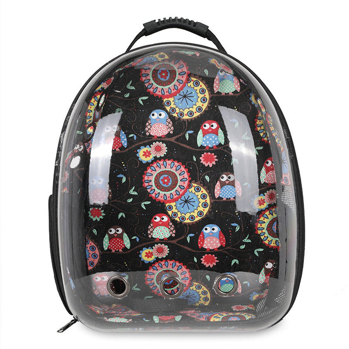 Ventilated small pet carrier backpack, secure and comfortable for various trips.