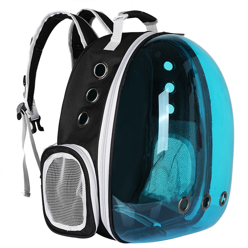 Collapsible pet backpack for cats & dogs, clear panel and breathable fabric.