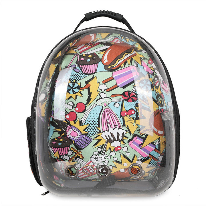 Portable pet travel bag, designed with ventilation and a clear window for small pets.