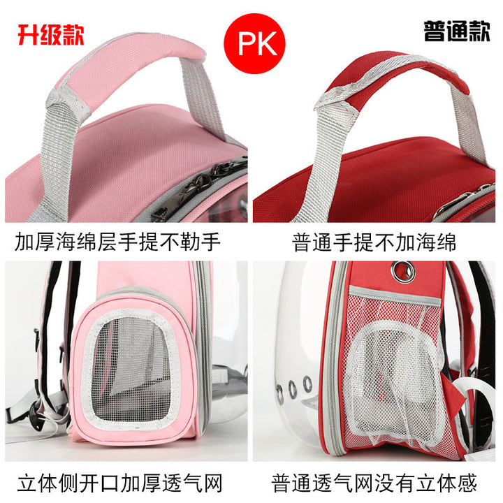 Clear view pet carrier backpack, ideal for travel with cats or small dogs.