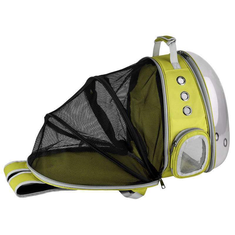 Dog travel backpack with breathable mesh and clear view, comfortable for long trips.