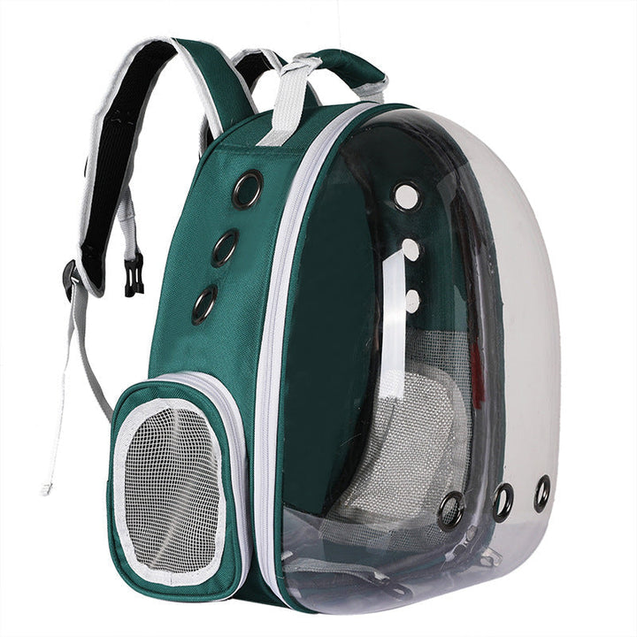 Pet travel backpack, foldable for storage, clear window & good airflow for small animals.