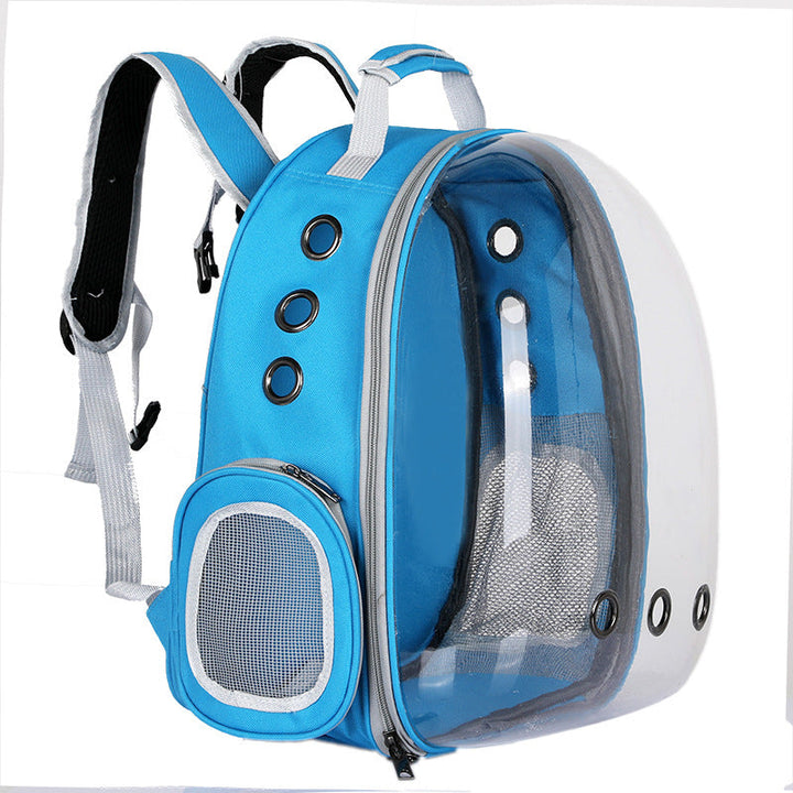 Dog travel backpack, ventilated and collapsible for comfortable pet journeys.